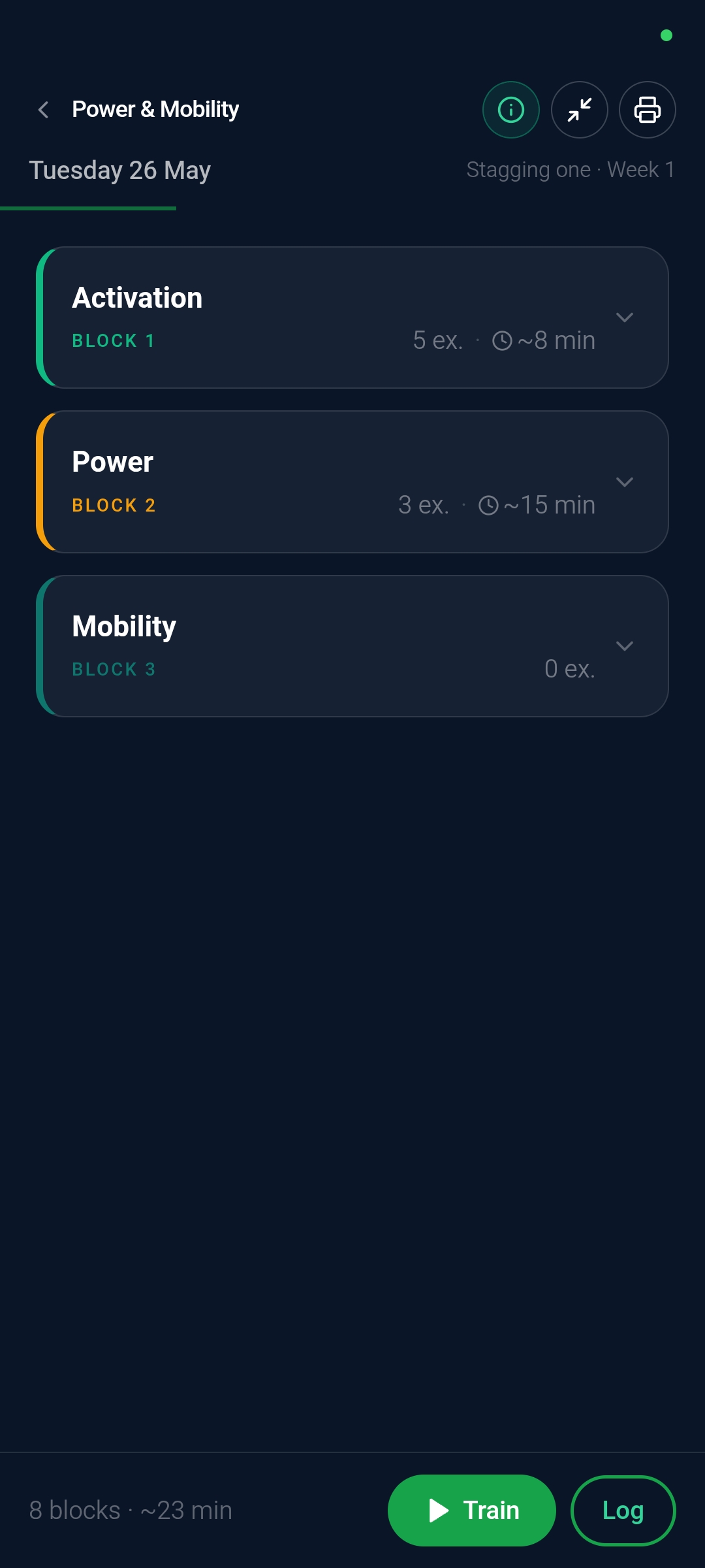 Pantalla de planificación semanal del programa de entrenamiento en la app